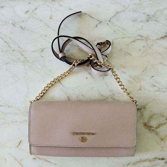 MICHAEL KORS Jet Set Charm Soft Pink Leather Wallet On A Chain Crossbody Bag - Picture 1 of 9